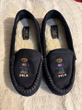 Ralph Lauren Black Shearling-Lined Moccasin Slippers